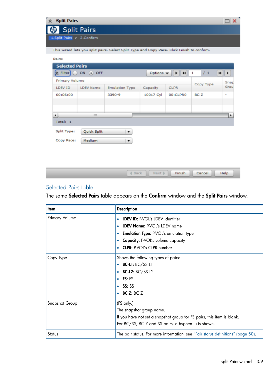Selected pairs table | HP XP P9500 Storage User Manual | Page 109 / 155