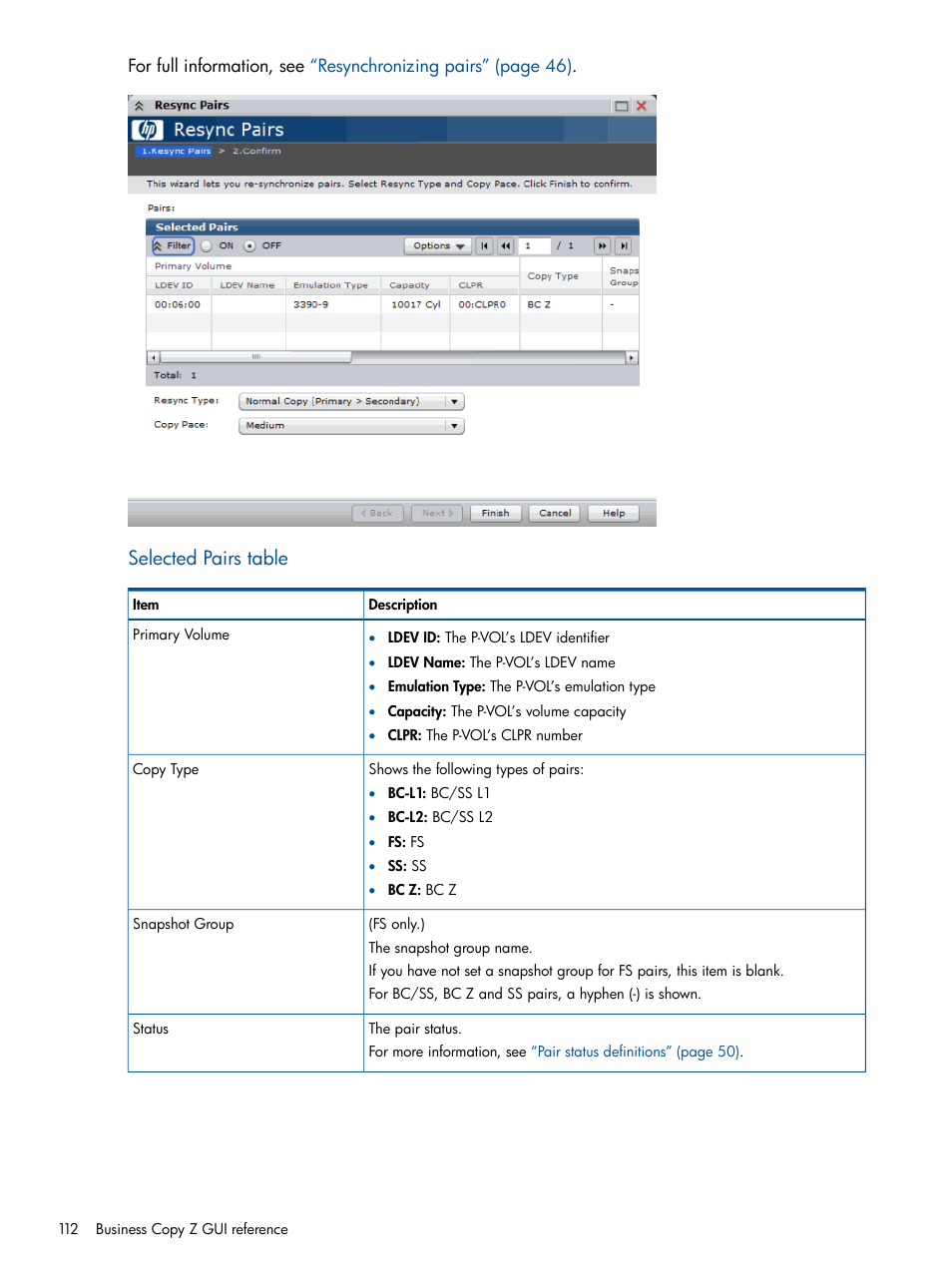Selected pairs table | HP XP P9500 Storage User Manual | Page 112 / 155