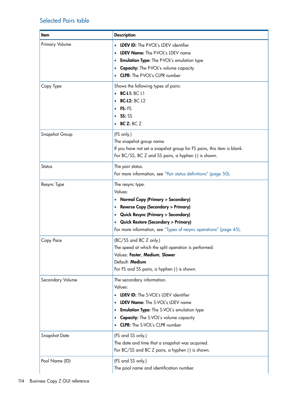 Selected pairs table | HP XP P9500 Storage User Manual | Page 114 / 155