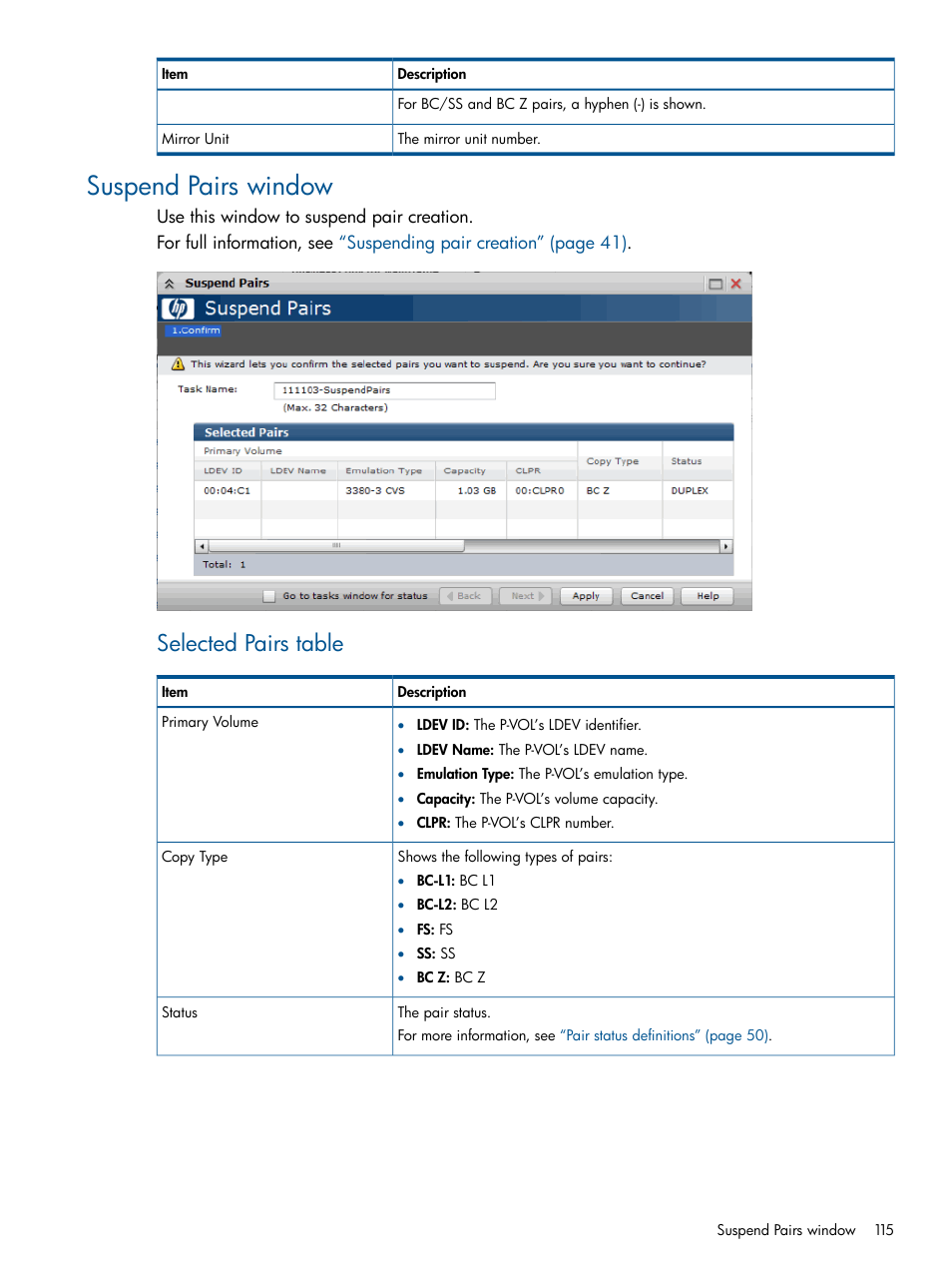 Suspend pairs window, Selected pairs table | HP XP P9500 Storage User Manual | Page 115 / 155