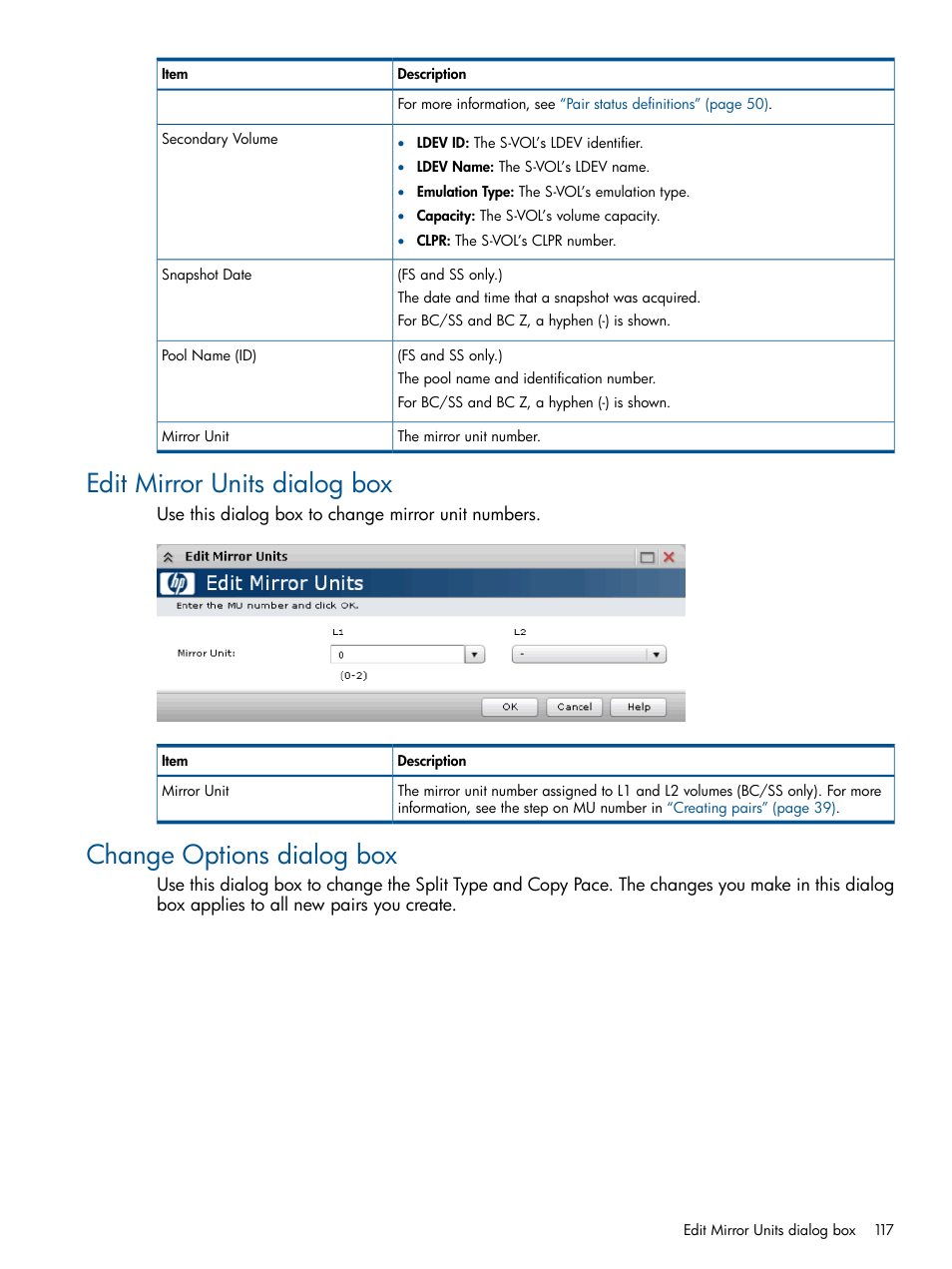 Edit mirror units dialog box, Change options dialog box | HP XP P9500 Storage User Manual | Page 117 / 155