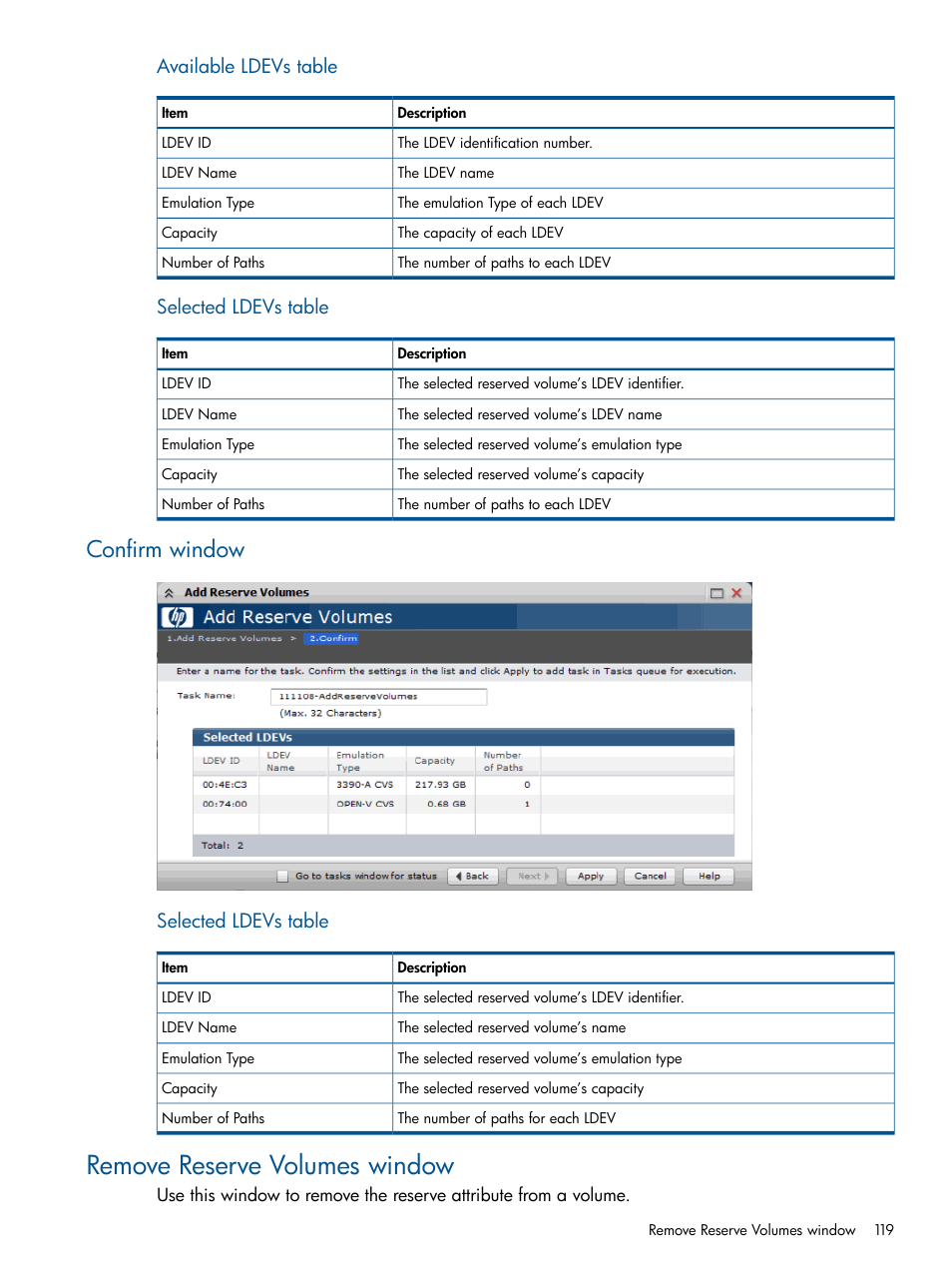 Confirm window, Remove reserve volumes window, Available ldevs table | Selected ldevs table | HP XP P9500 Storage User Manual | Page 119 / 155