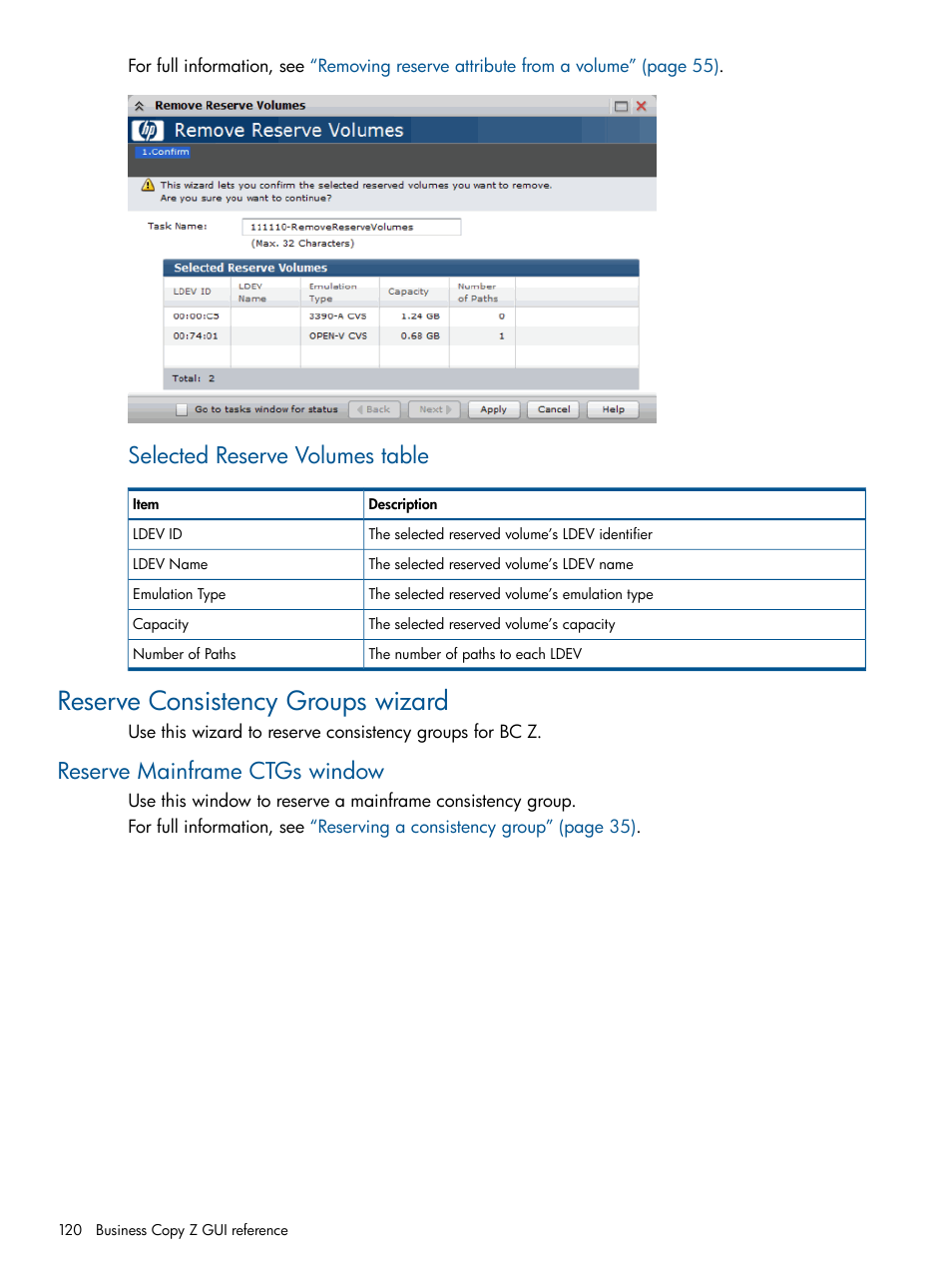 Reserve consistency groups wizard, Reserve mainframe ctgs window, Selected reserve volumes table | HP XP P9500 Storage User Manual | Page 120 / 155