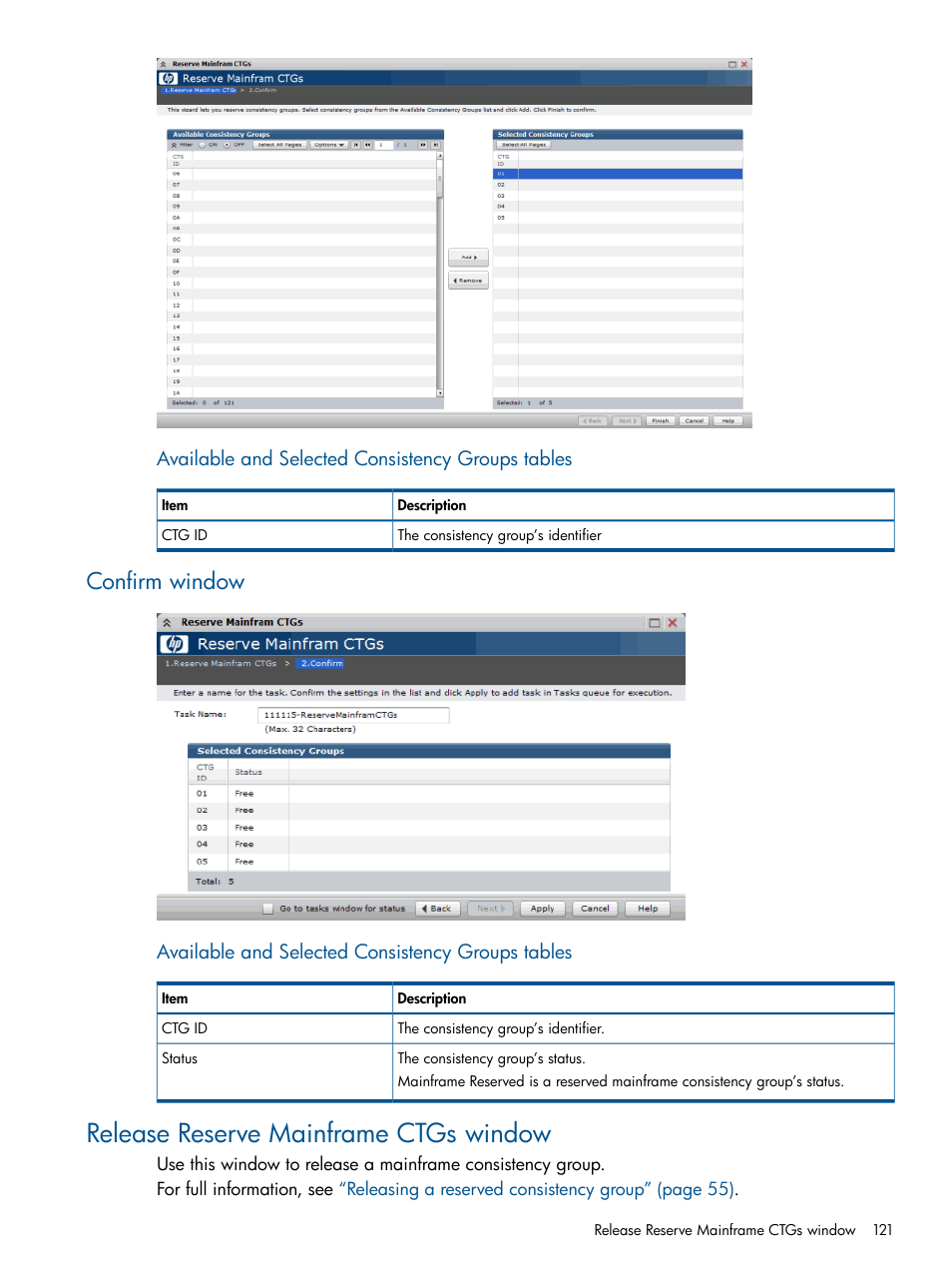 Confirm window, Release reserve mainframe ctgs window | HP XP P9500 Storage User Manual | Page 121 / 155