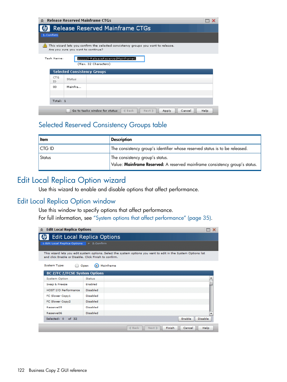 Edit local replica option wizard, Edit local replica option window, Selected reserved consistency groups table | HP XP P9500 Storage User Manual | Page 122 / 155