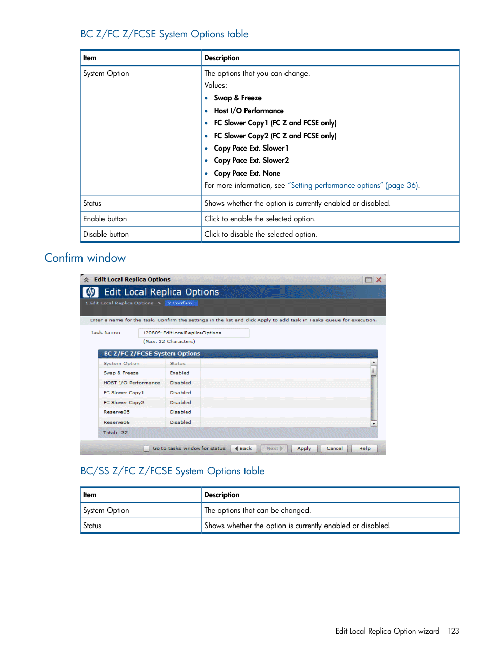 Confirm window, Bc z/fc z/fcse system options table, Bc/ss z/fc z/fcse system options table | HP XP P9500 Storage User Manual | Page 123 / 155