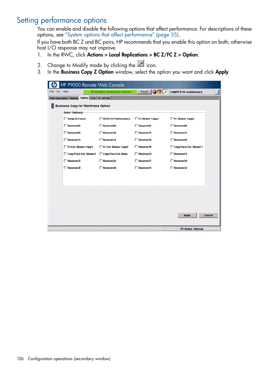 Setting performance options | HP XP P9500 Storage User Manual | Page 126 / 155