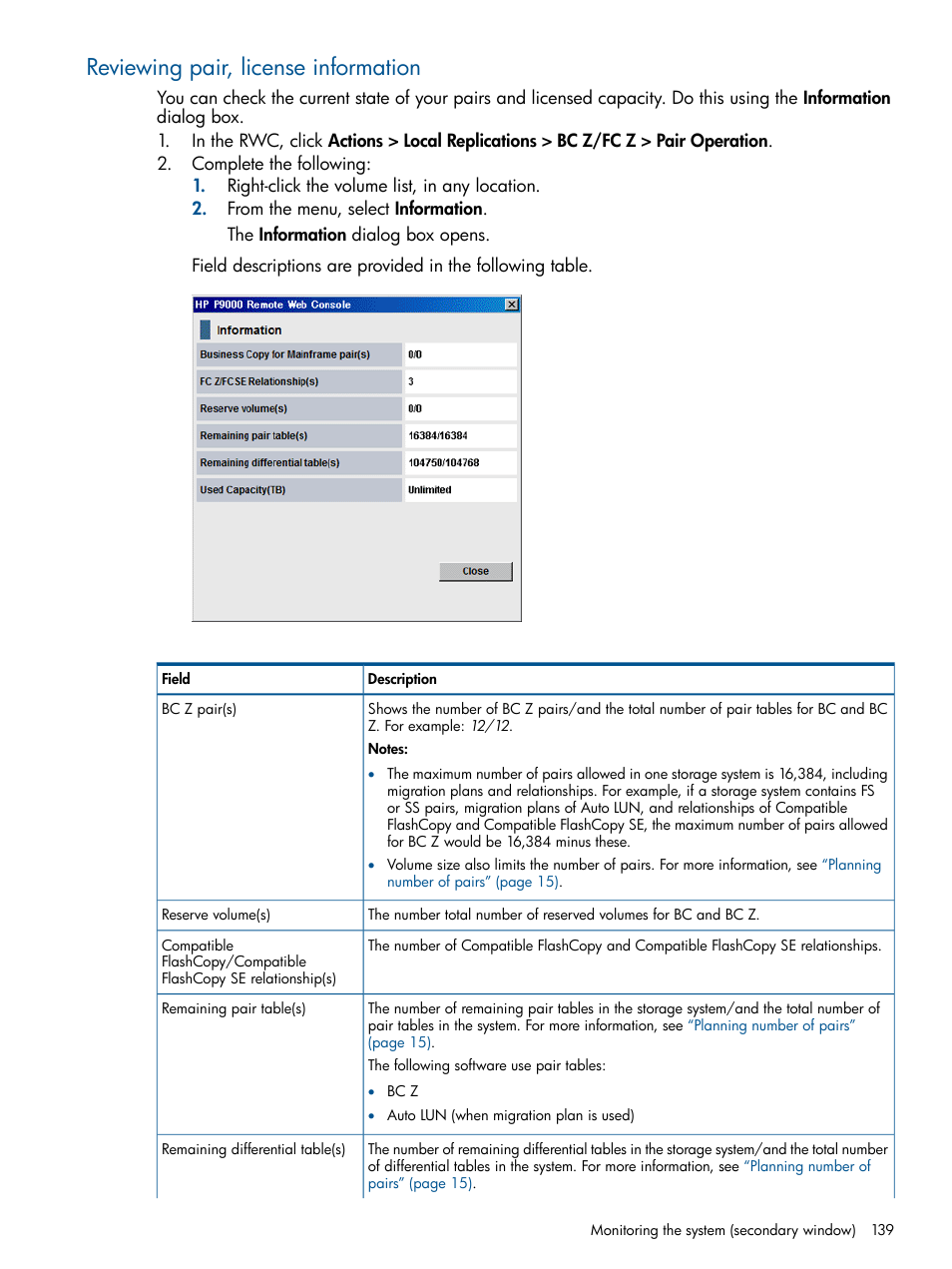 Reviewing pair, license information | HP XP P9500 Storage User Manual | Page 139 / 155