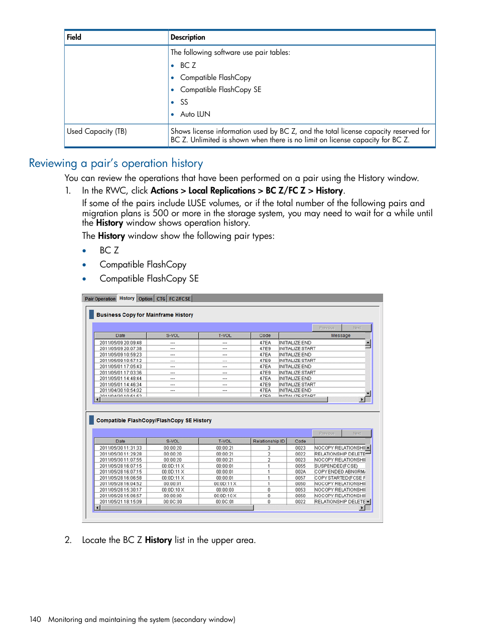 Reviewing a pair’s operation history | HP XP P9500 Storage User Manual | Page 140 / 155