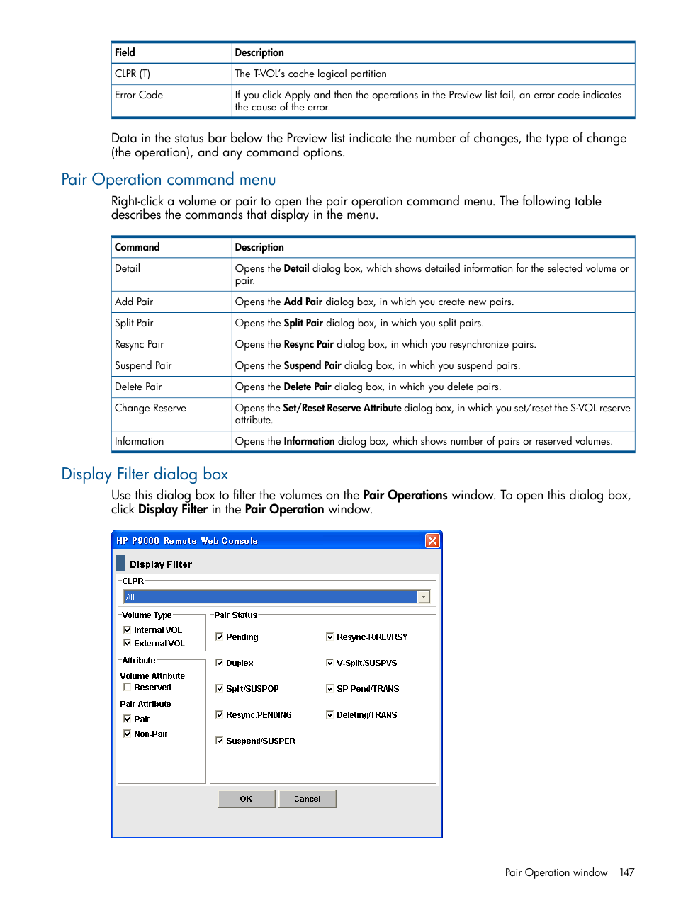 Pair operation command menu, Display filter dialog box | HP XP P9500 Storage User Manual | Page 147 / 155