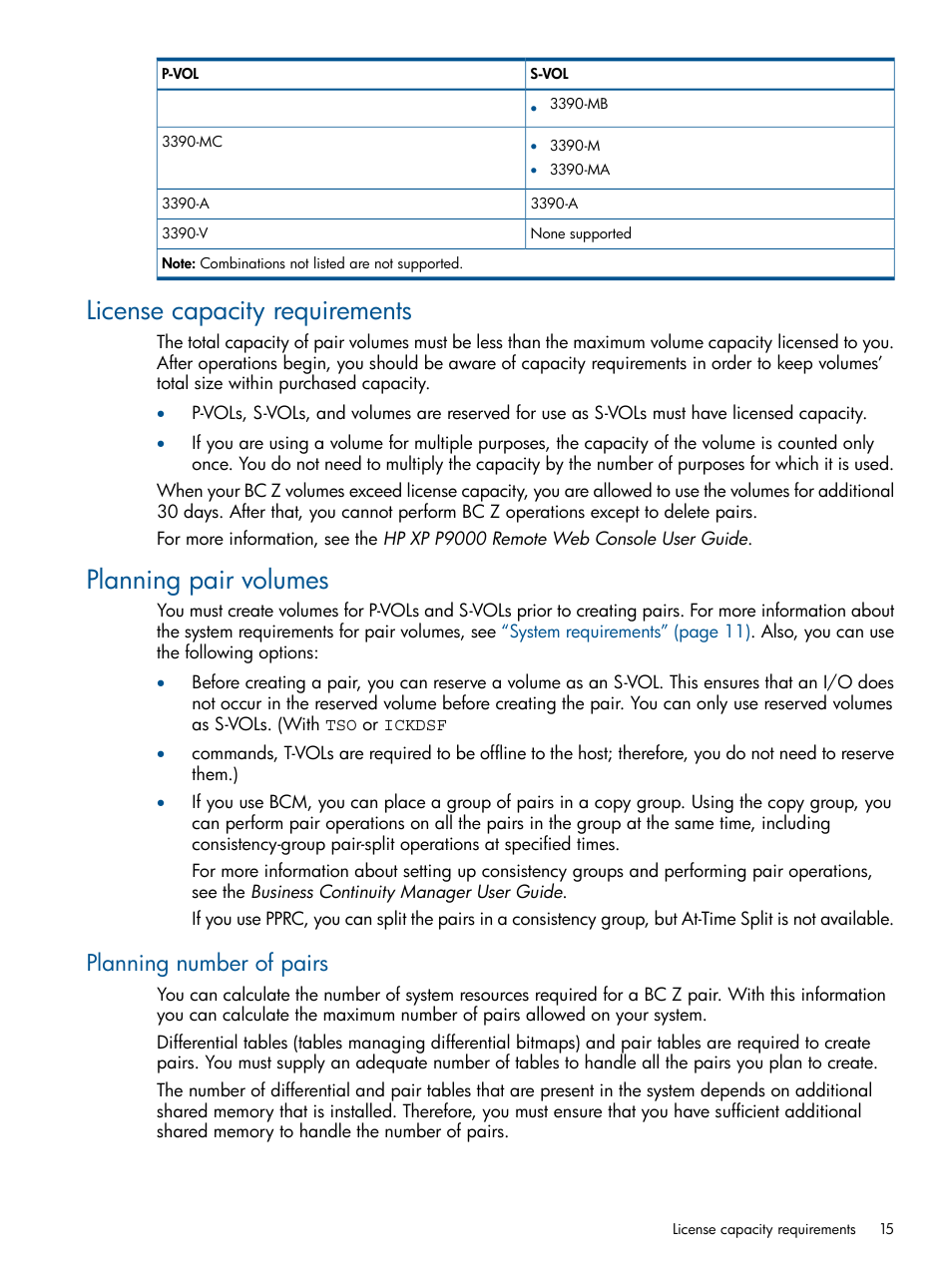 License capacity requirements, Planning pair volumes, Planning number of pairs | HP XP P9500 Storage User Manual | Page 15 / 155