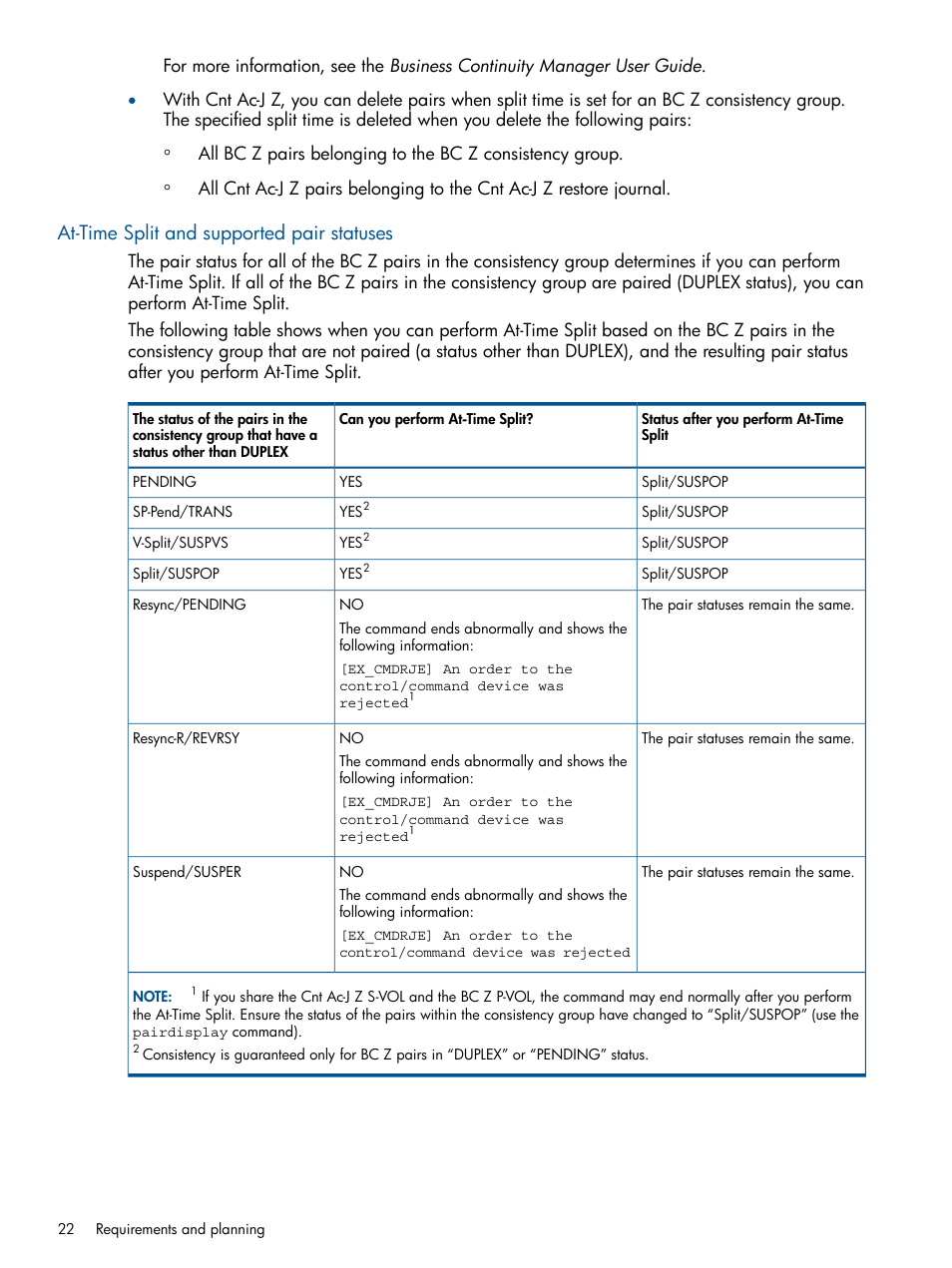 At-time split and supported pair statuses | HP XP P9500 Storage User Manual | Page 22 / 155