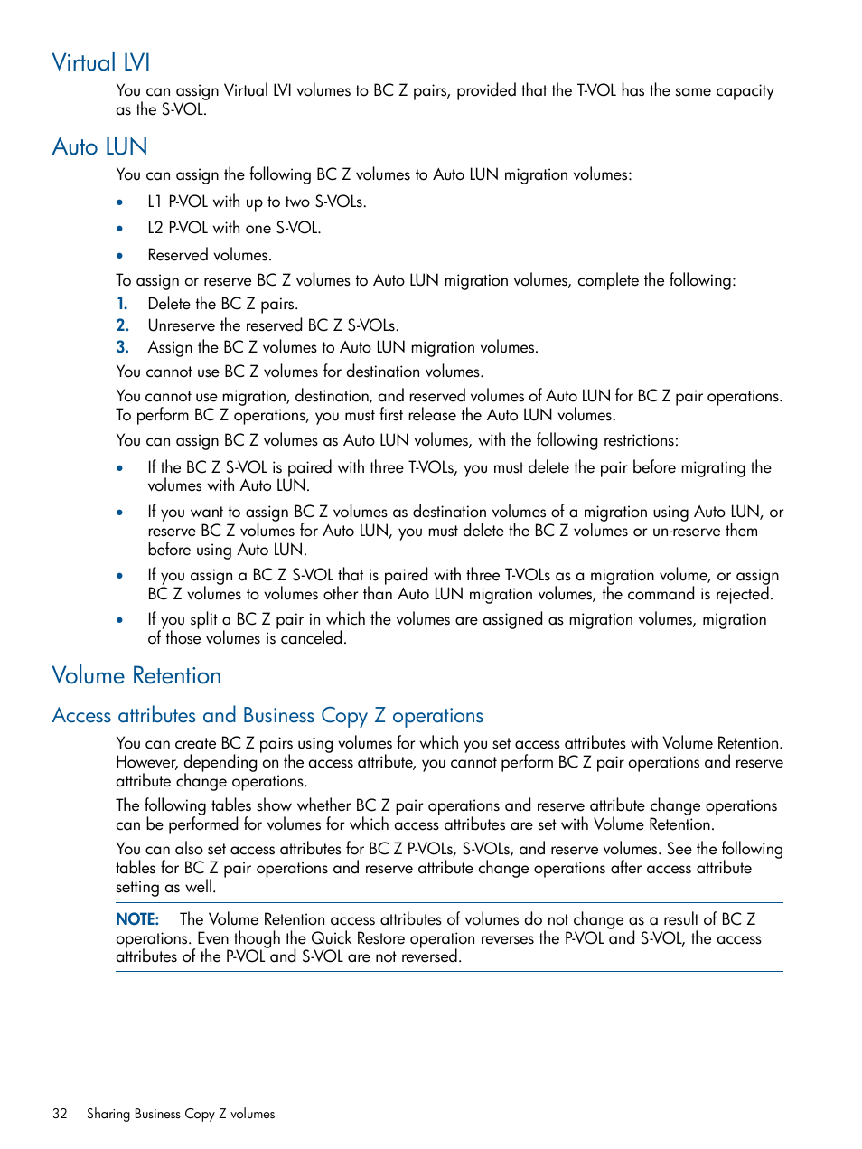 Virtual lvi, Auto lun, Volume retention | Access attributes and business copy z operations, Virtual lvi auto lun volume retention | HP XP P9500 Storage User Manual | Page 32 / 155