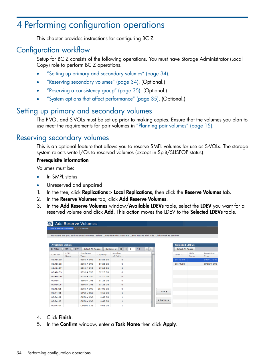4 performing configuration operations, Configuration workflow, Setting up primary and secondary volumes | Reserving secondary volumes | HP XP P9500 Storage User Manual | Page 34 / 155