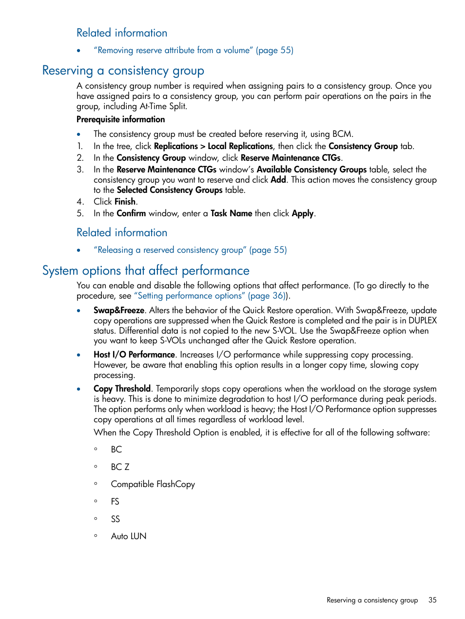 Reserving a consistency group, System options that affect performance, Related information | HP XP P9500 Storage User Manual | Page 35 / 155