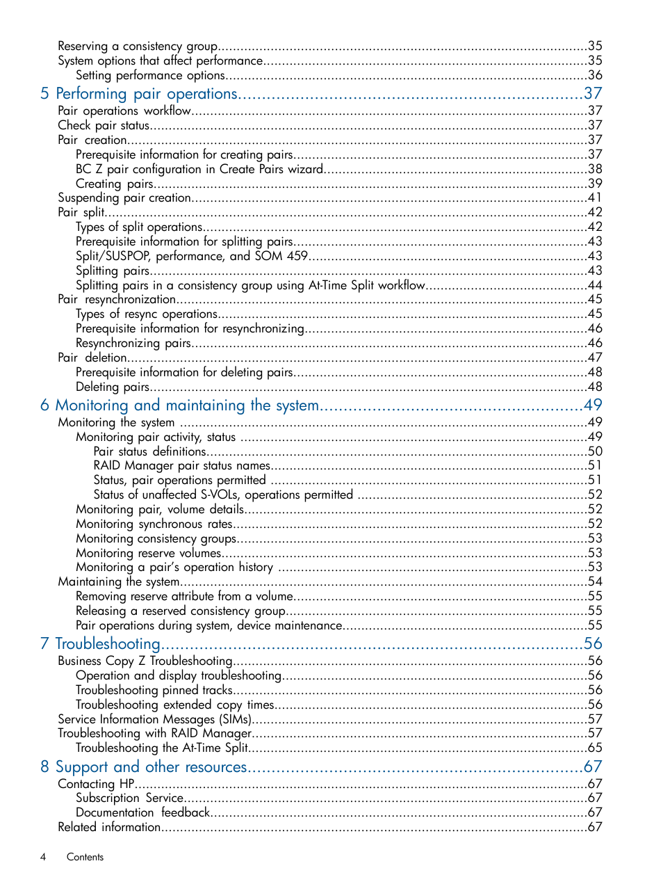 5 performing pair operations, 6 monitoring and maintaining the system, 7 troubleshooting | 8 support and other resources | HP XP P9500 Storage User Manual | Page 4 / 155