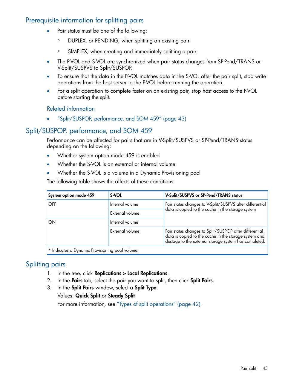 Prerequisite information for splitting pairs, Split/suspop, performance, and som 459, Splitting pairs | HP XP P9500 Storage User Manual | Page 43 / 155