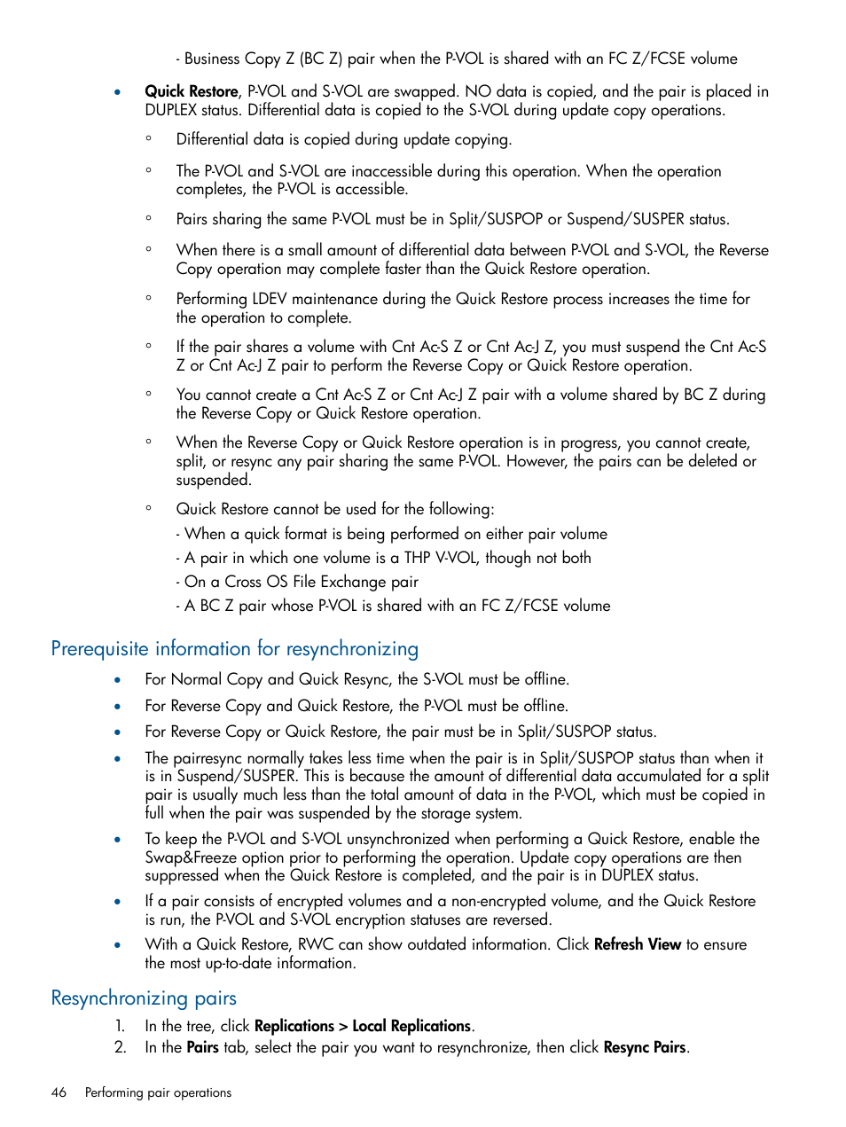 Prerequisite information for resynchronizing, Resynchronizing pairs | HP XP P9500 Storage User Manual | Page 46 / 155