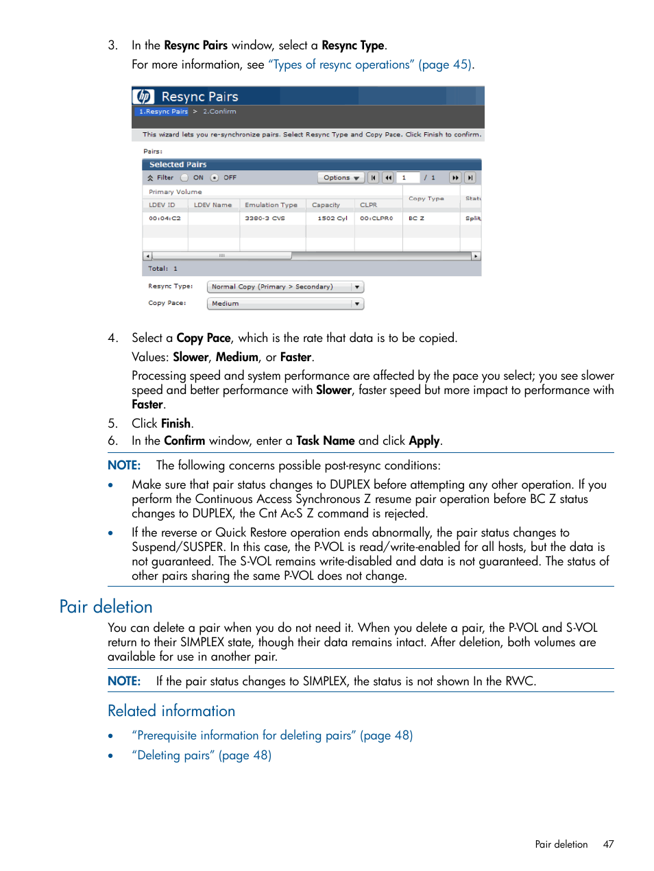 Pair deletion, Related information | HP XP P9500 Storage User Manual | Page 47 / 155
