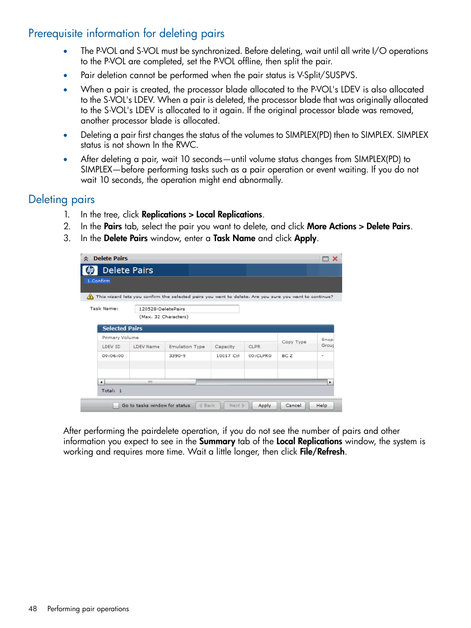 Prerequisite information for deleting pairs, Deleting pairs | HP XP P9500 Storage User Manual | Page 48 / 155