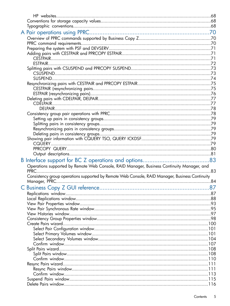 A pair operations using pprc, C business copy z gui reference | HP XP P9500 Storage User Manual | Page 5 / 155