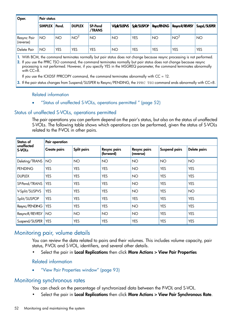 Status of unaffected s-vols, operations permitted, Monitoring pair, volume details, Monitoring synchronous rates | Status of unaffected s-vols, Related information | HP XP P9500 Storage User Manual | Page 52 / 155