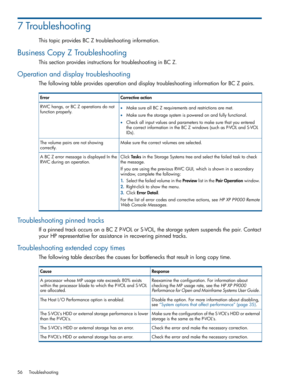 7 troubleshooting, Business copy z troubleshooting, Operation and display troubleshooting | Troubleshooting pinned tracks, Troubleshooting extended copy times | HP XP P9500 Storage User Manual | Page 56 / 155