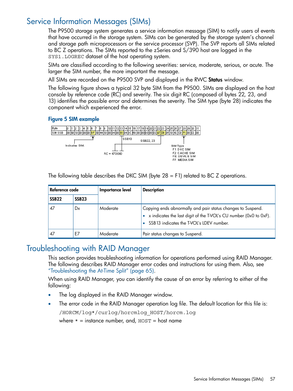 Service information messages (sims), Troubleshooting with raid manager | HP XP P9500 Storage User Manual | Page 57 / 155
