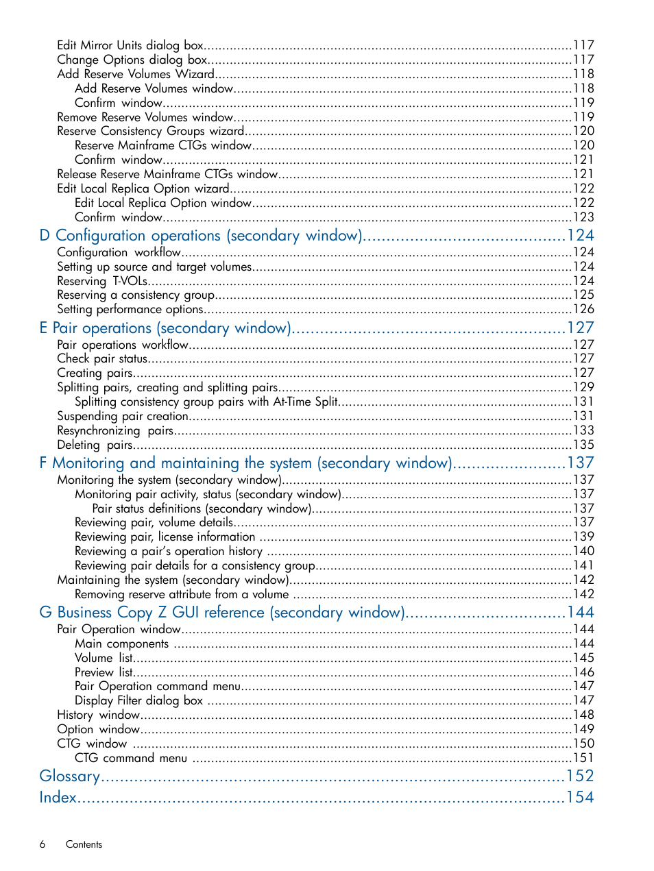 D configuration operations (secondary window), E pair operations (secondary window), G business copy z gui reference (secondary window) | Glossary index | HP XP P9500 Storage User Manual | Page 6 / 155