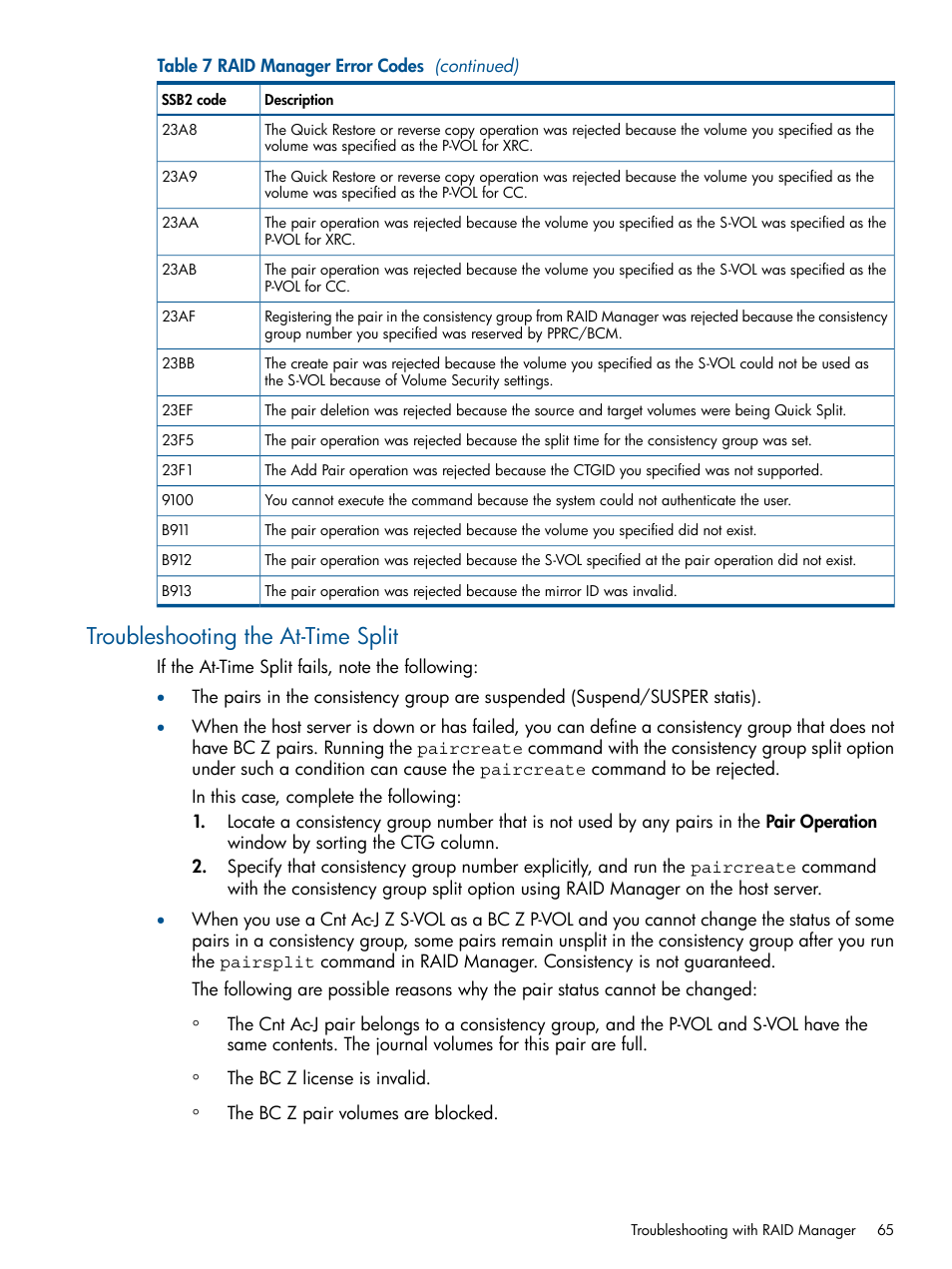 Troubleshooting the at-time split | HP XP P9500 Storage User Manual | Page 65 / 155