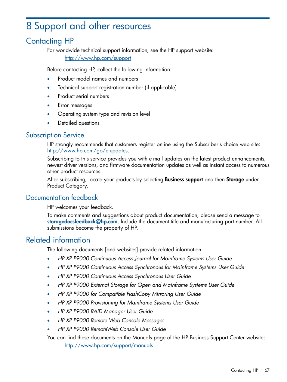 8 support and other resources, Contacting hp, Subscription service | Documentation feedback, Related information, Subscription service documentation feedback | HP XP P9500 Storage User Manual | Page 67 / 155