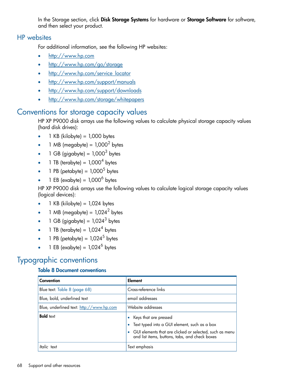 Hp websites, Conventions for storage capacity values, Typographic conventions | HP XP P9500 Storage User Manual | Page 68 / 155