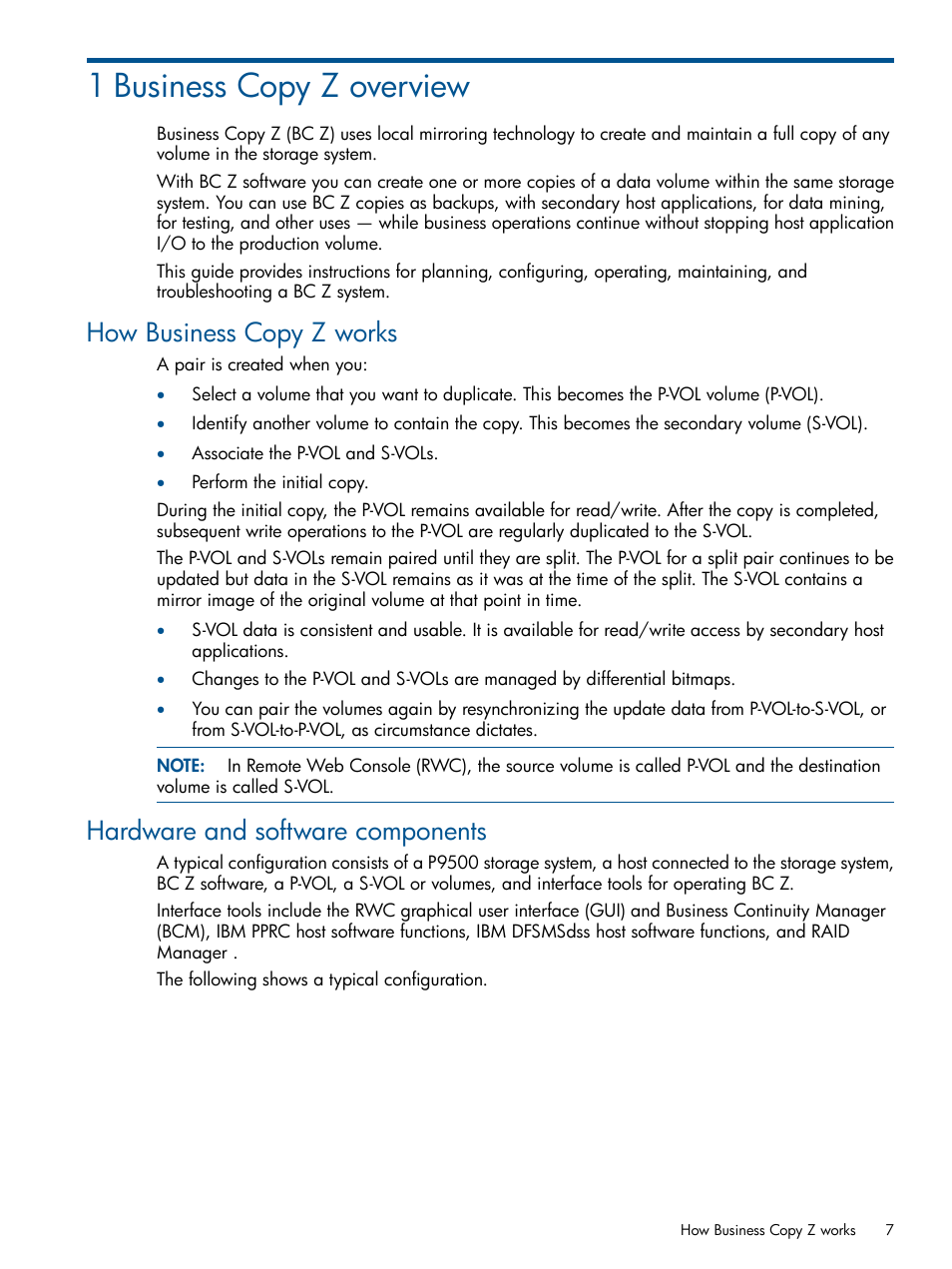 1 business copy z overview, How business copy z works, Hardware and software components | HP XP P9500 Storage User Manual | Page 7 / 155