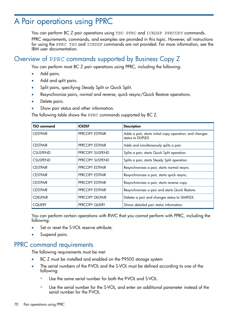 A pair operations using pprc, Pprc command requirements, Pair operations using pprc | Pair operations | HP XP P9500 Storage User Manual | Page 70 / 155