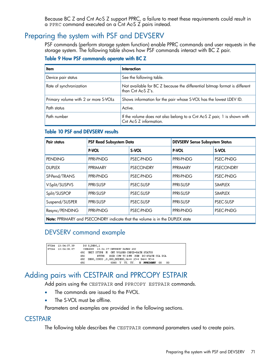 Preparing the system with psf and devserv, Adding pairs with cestpair and pprcopy estpair, Cestpair | Devserv command example | HP XP P9500 Storage User Manual | Page 71 / 155