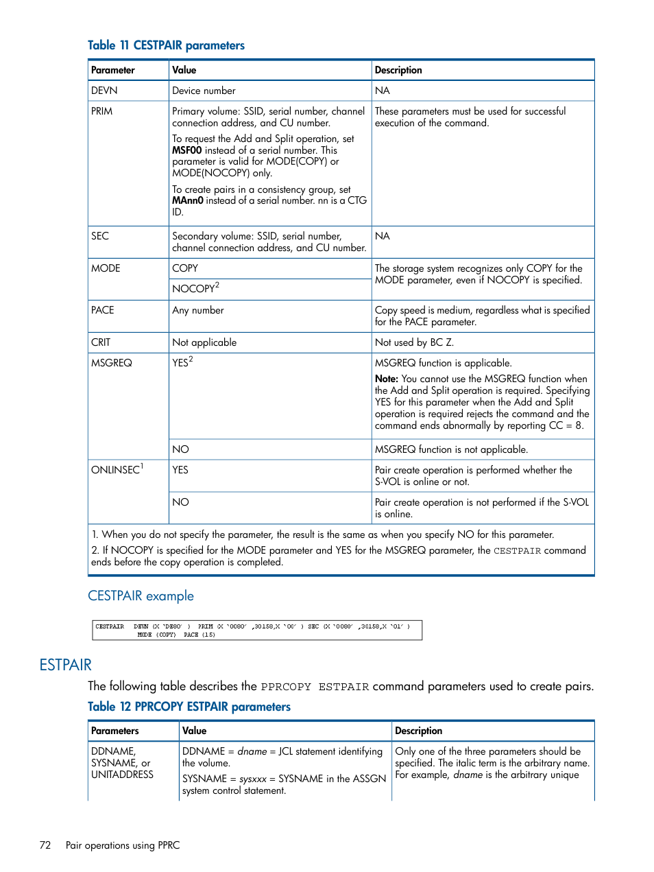 Estpair, Cestpair example | HP XP P9500 Storage User Manual | Page 72 / 155