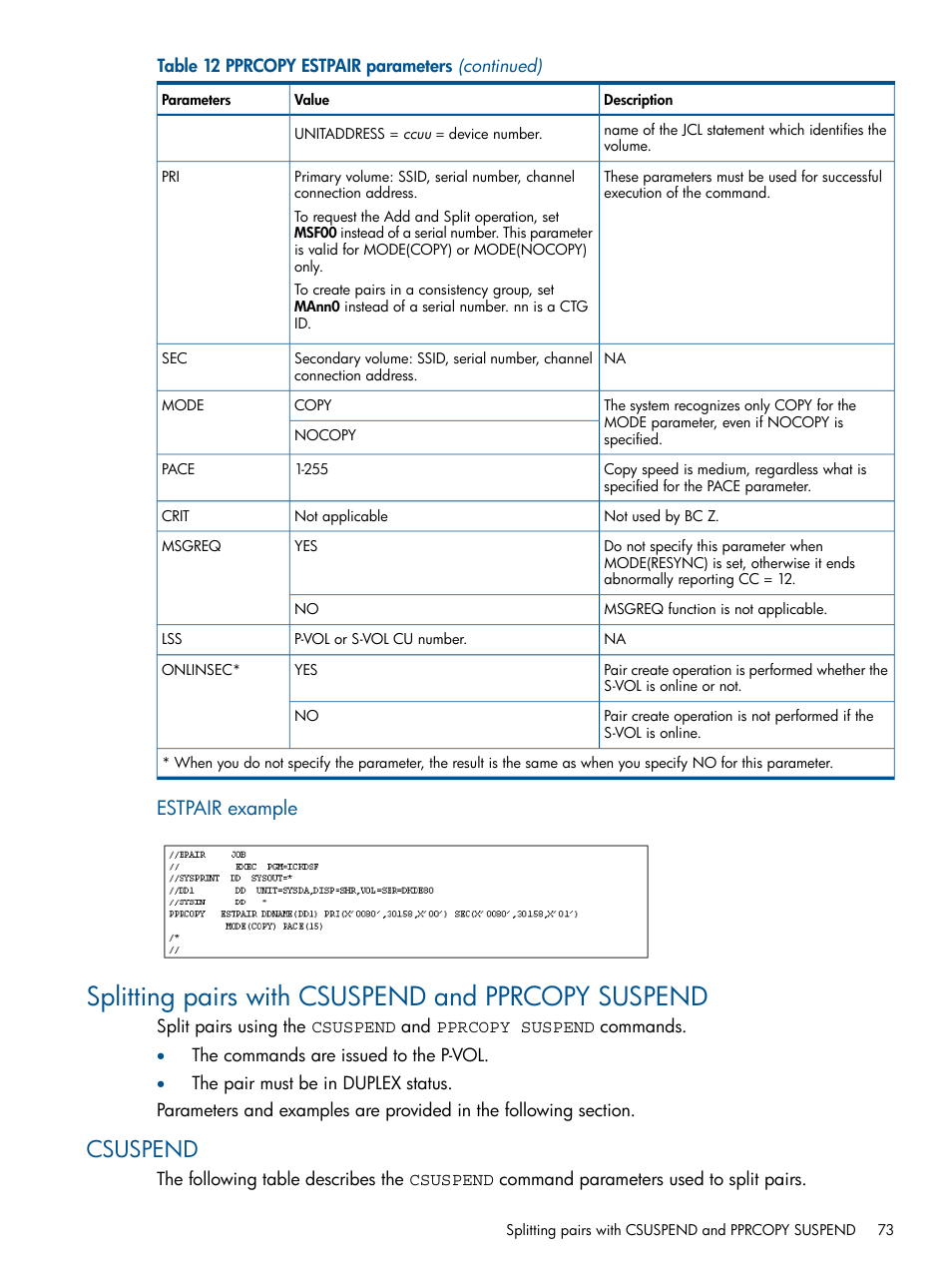 Splitting pairs with csuspend and pprcopy suspend, Csuspend, Estpair example | HP XP P9500 Storage User Manual | Page 73 / 155