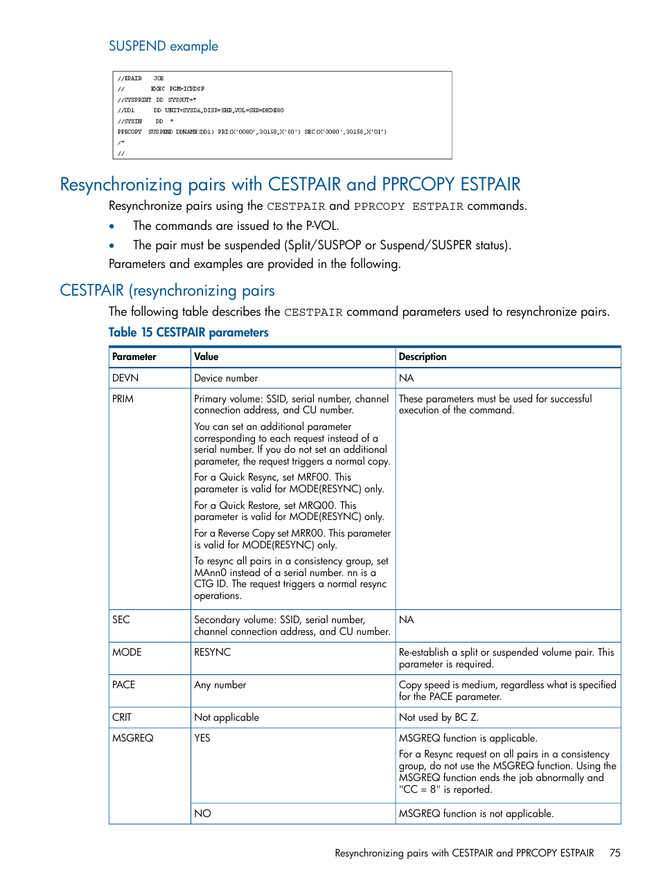 Cestpair (resynchronizing pairs, Suspend example | HP XP P9500 Storage User Manual | Page 75 / 155