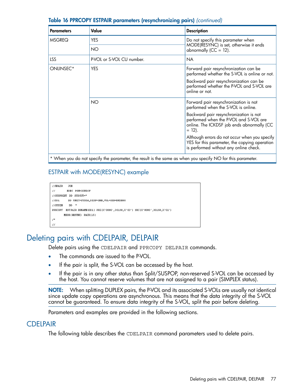 Deleting pairs with cdelpair, delpair, Cdelpair | HP XP P9500 Storage User Manual | Page 77 / 155