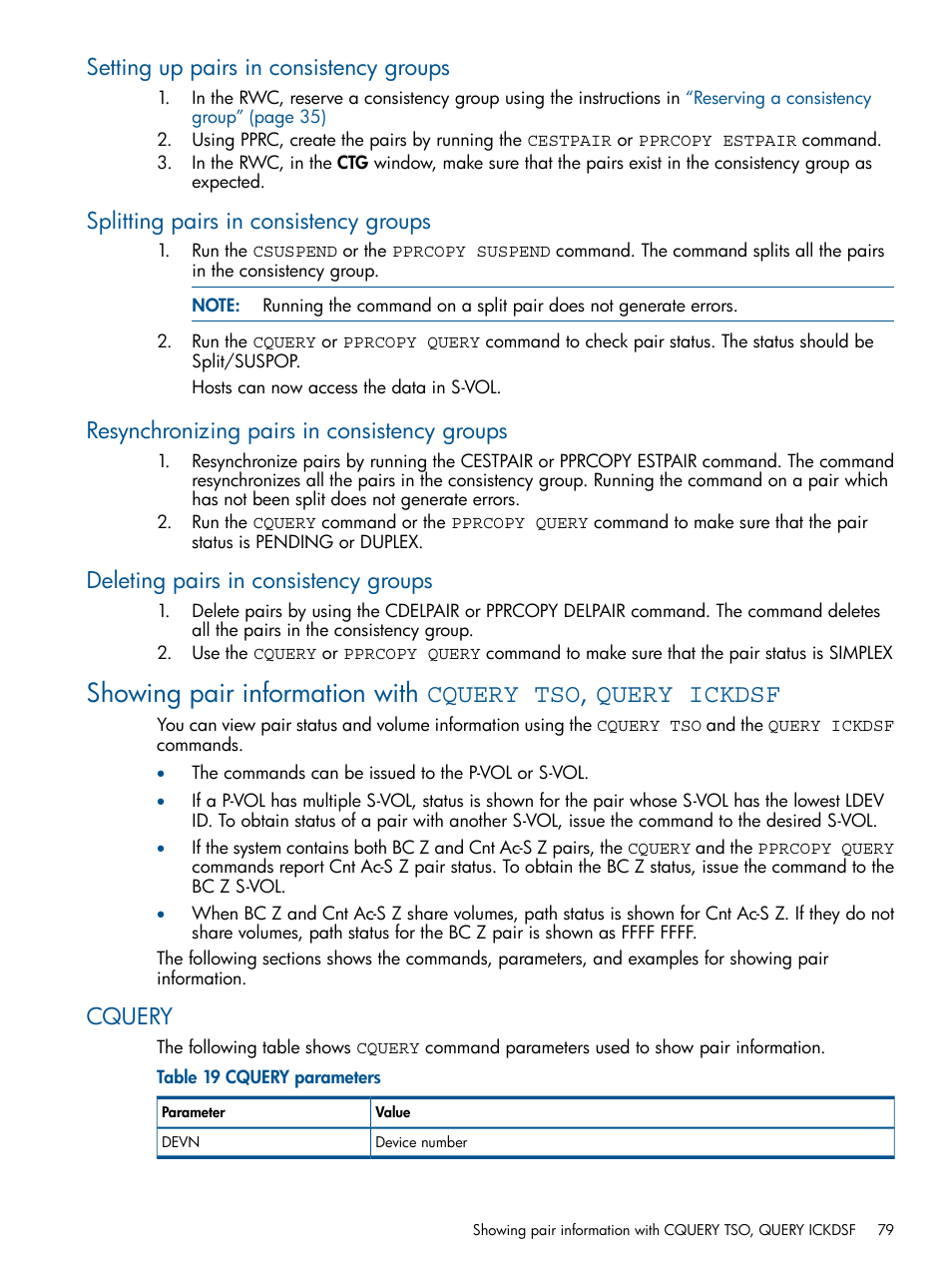 Setting up pairs in consistency groups, Splitting pairs in consistency groups, Resynchronizing pairs in consistency groups | Deleting pairs in consistency groups, Cquery | HP XP P9500 Storage User Manual | Page 79 / 155