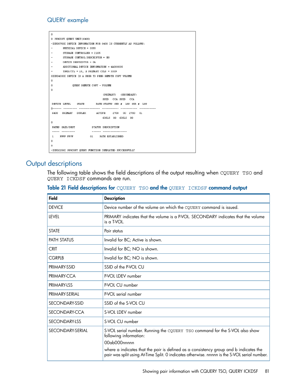 Output descriptions, Query example | HP XP P9500 Storage User Manual | Page 81 / 155