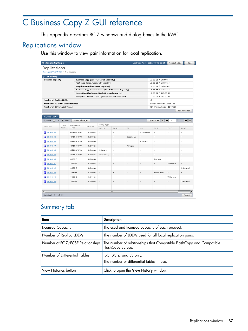 C business copy z gui reference, Replications window, Summary tab | HP XP P9500 Storage User Manual | Page 87 / 155