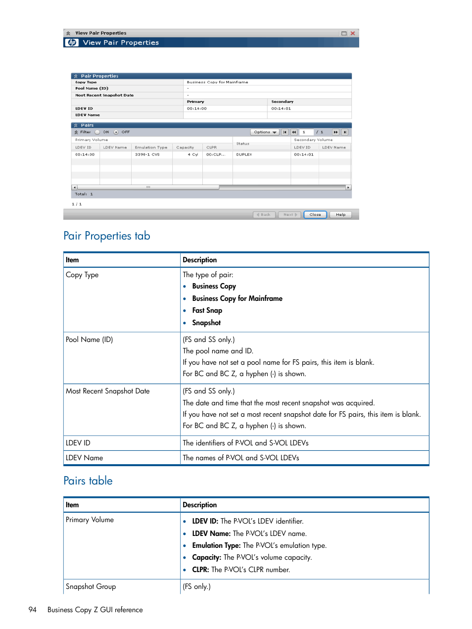 Pair properties tab, Pairs table | HP XP P9500 Storage User Manual | Page 94 / 155