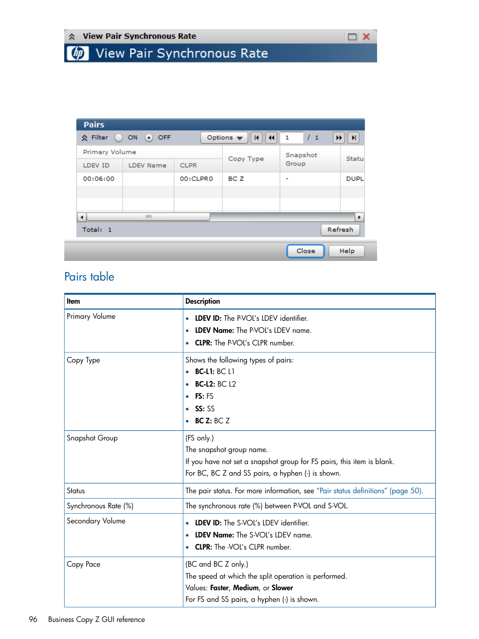 Pairs table | HP XP P9500 Storage User Manual | Page 96 / 155