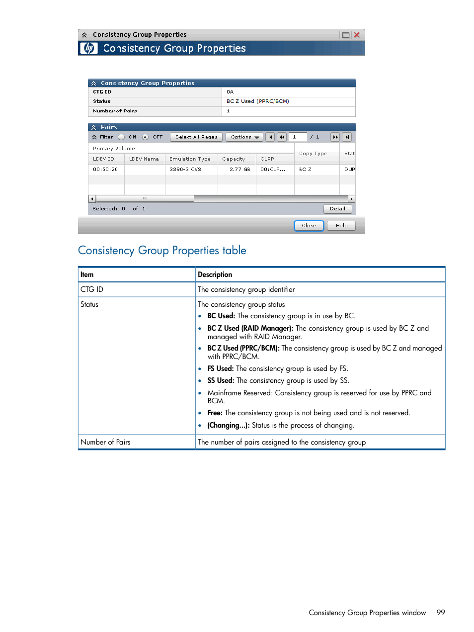 Consistency group properties table | HP XP P9500 Storage User Manual | Page 99 / 155