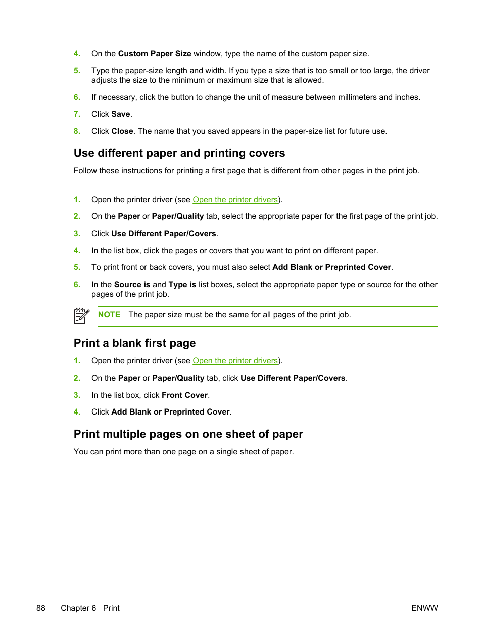 Use different paper and printing covers, Print a blank first page, Print multiple pages on one sheet of paper | HP LaserJet M3027 Multifunction Printer series User Manual | Page 100 / 268