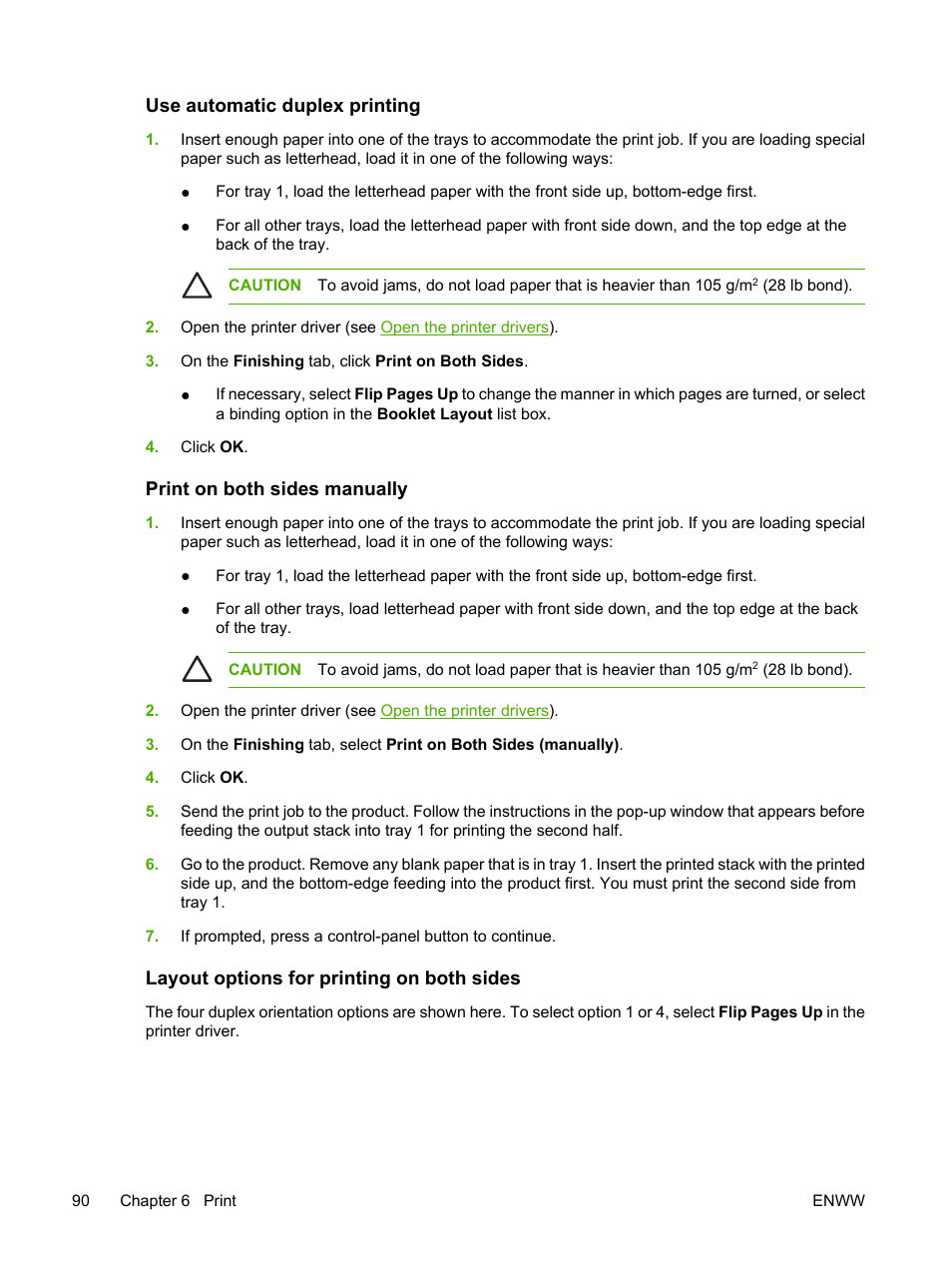 Use automatic duplex printing, Print on both sides manually, Layout options for printing on both sides | HP LaserJet M3027 Multifunction Printer series User Manual | Page 102 / 268