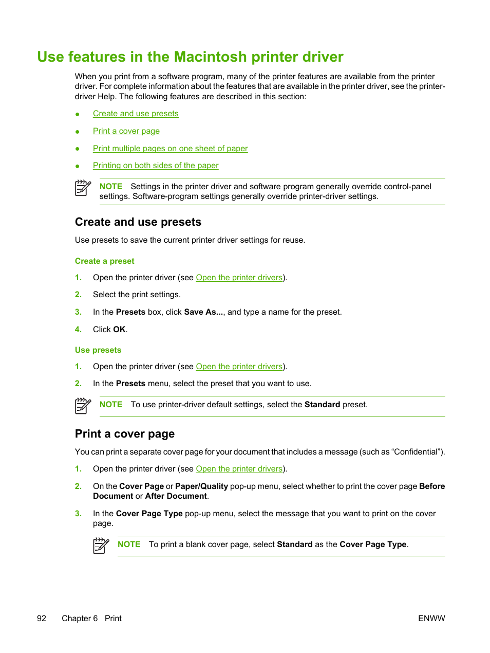 Use features in the macintosh printer driver, Create and use presets, Print a cover page | HP LaserJet M3027 Multifunction Printer series User Manual | Page 104 / 268