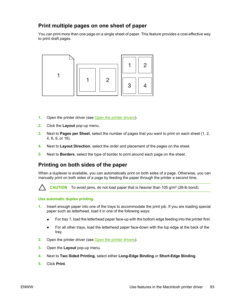 Printing on both sides of the paper, Print multiple pages on one sheet of paper | HP LaserJet M3027 Multifunction Printer series User Manual | Page 105 / 268