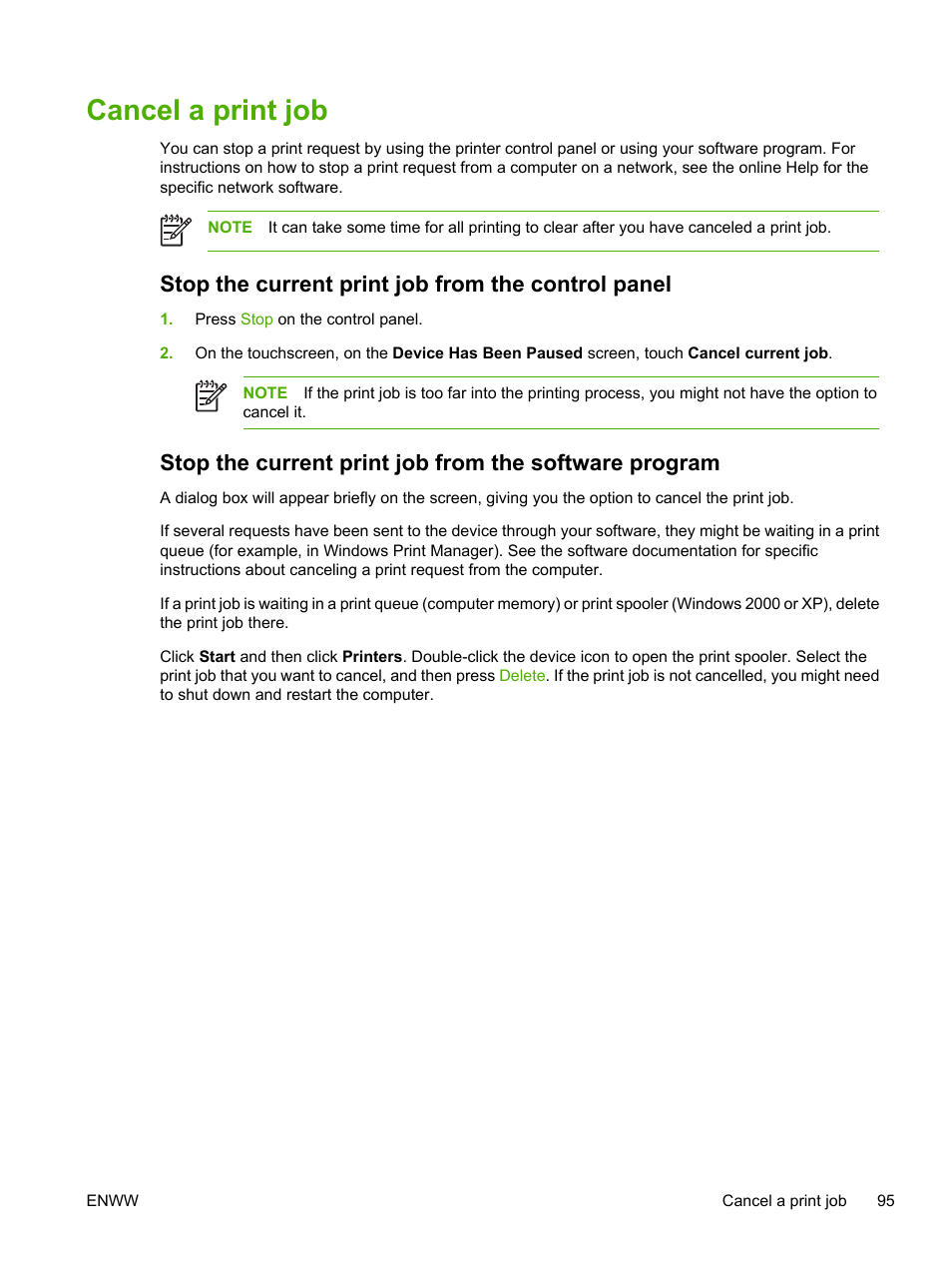 Cancel a print job, Stop the current print job from the control panel | HP LaserJet M3027 Multifunction Printer series User Manual | Page 107 / 268